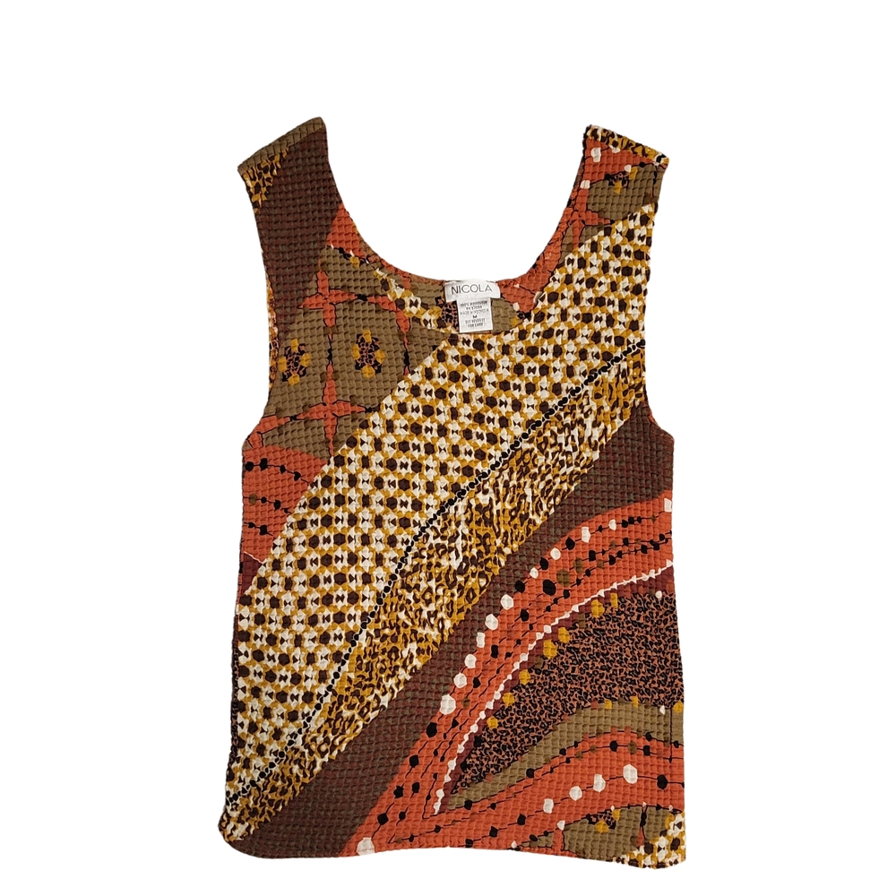 NICOLA Multicolor Abstract Sleeveless Tank in Brown, Rust & Mustard